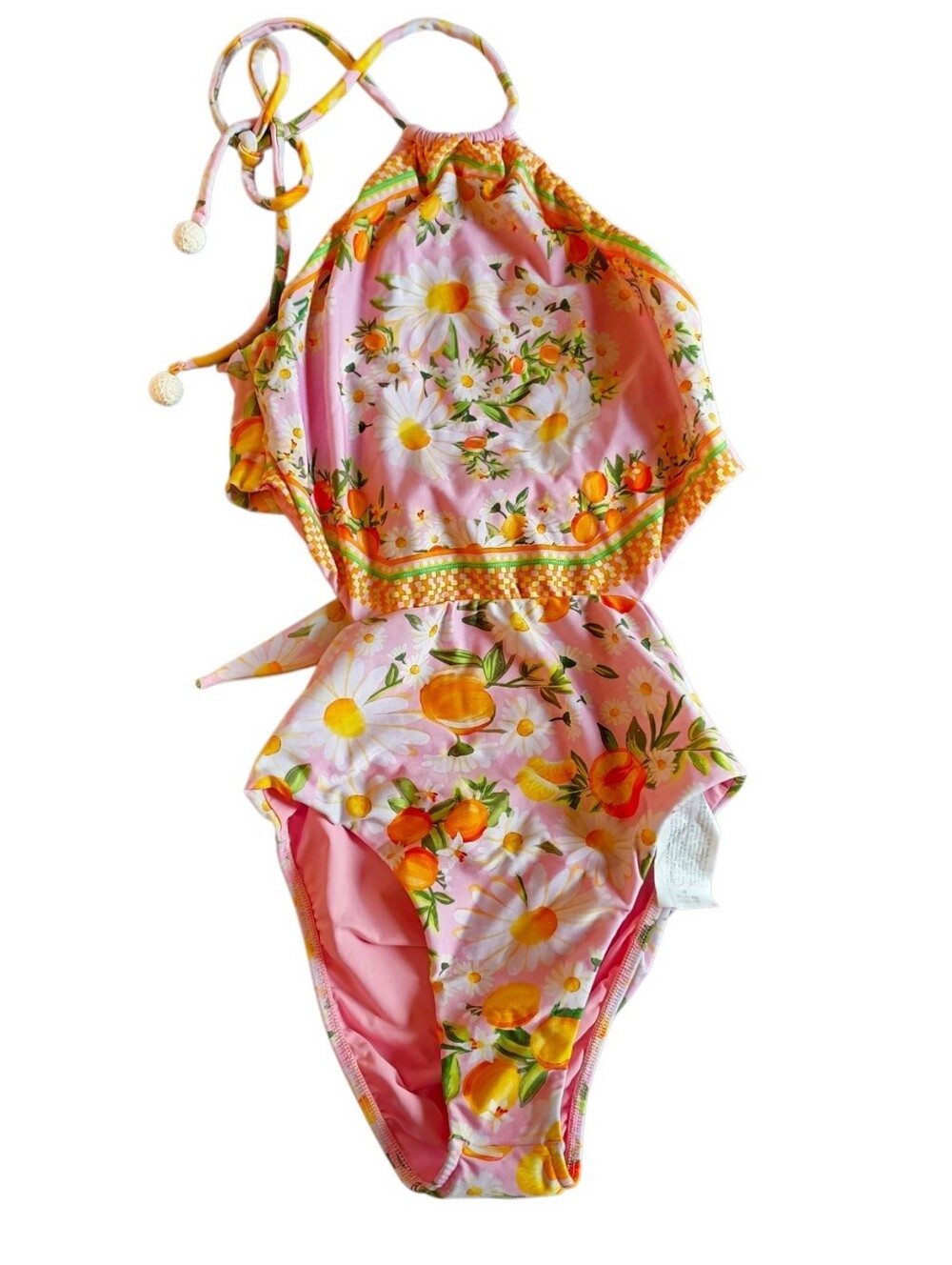 Farm Rio Pink Citrus Daisy Floral Cutout Halter One Piece Swimsuit Women’s M - Picture 1 of 7